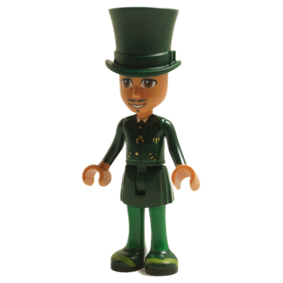 LEGO® The Wizard mini-doll wck007 wearing a dark green outfit and tall green top hat
