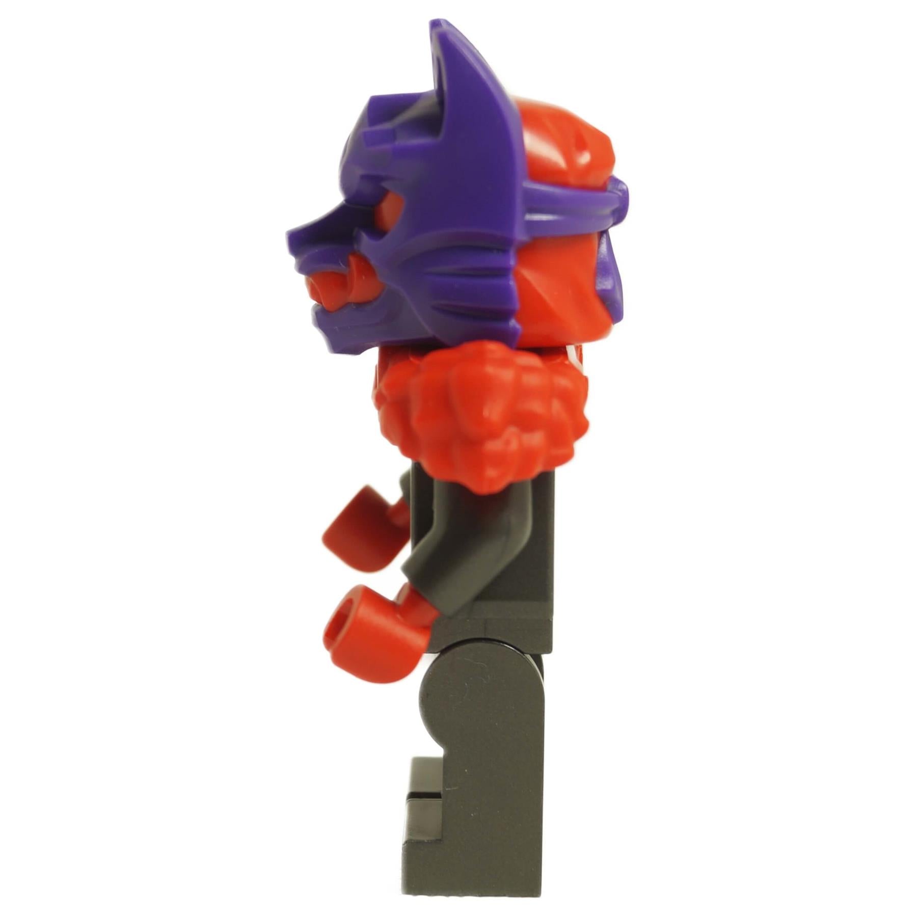 LEGO Wolf Mask General minifigure side view with purple wolf helmet, red fur collar and dark armor njo0916