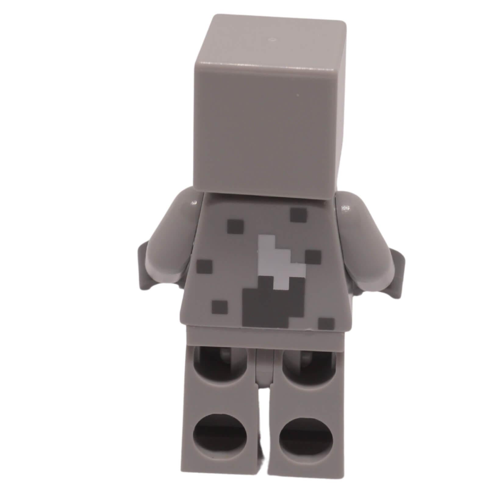 LEGO Minecraft Wolf Skin minifigure with a pixelated wolf-themed head and gray survival outfit, back view.