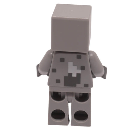 LEGO Minecraft Wolf Skin minifigure with a pixelated wolf-themed head and gray survival outfit, back view.