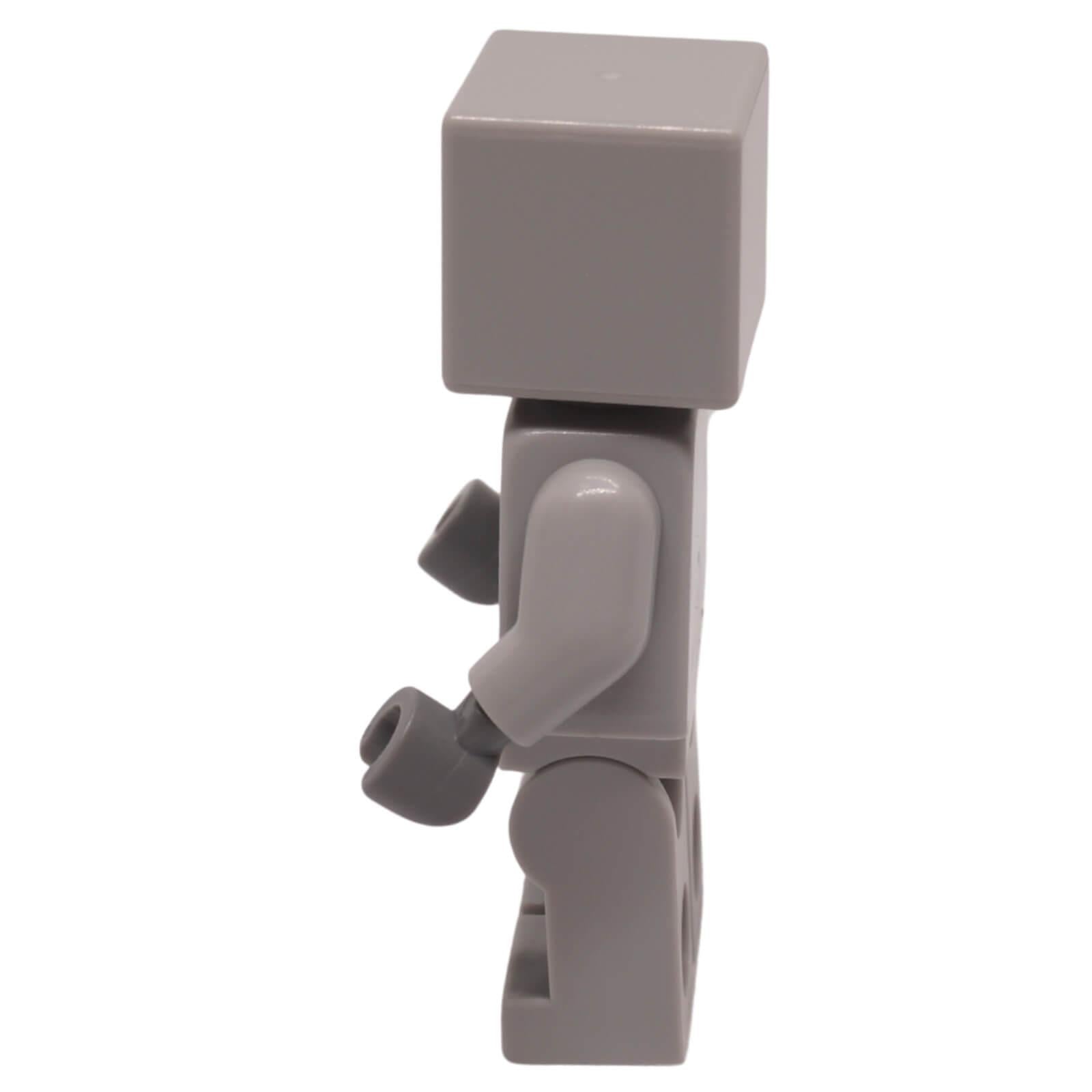 LEGO Minecraft Wolf Skin minifigure with a pixelated wolf-themed head and gray survival outfit, side view.