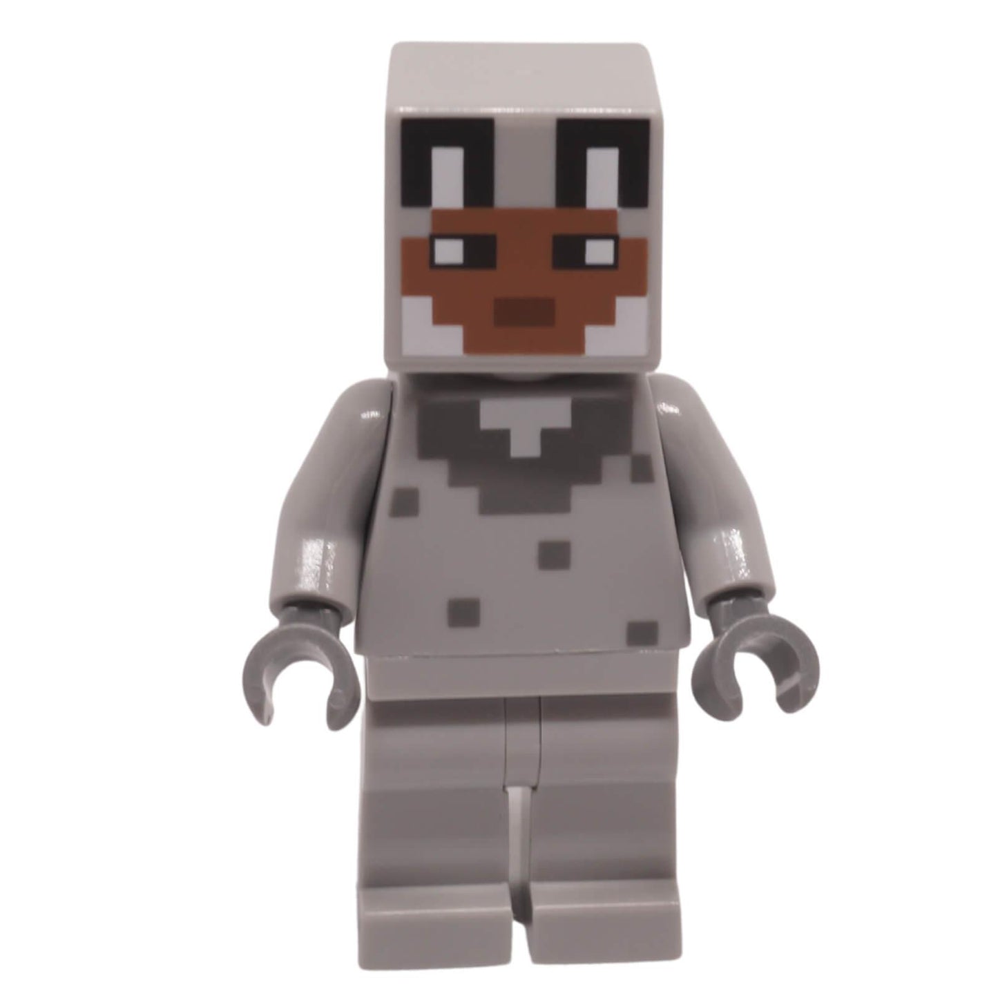 LEGO Minecraft Wolf Skin minifigure with a pixelated wolf-themed head and gray survival outfit.