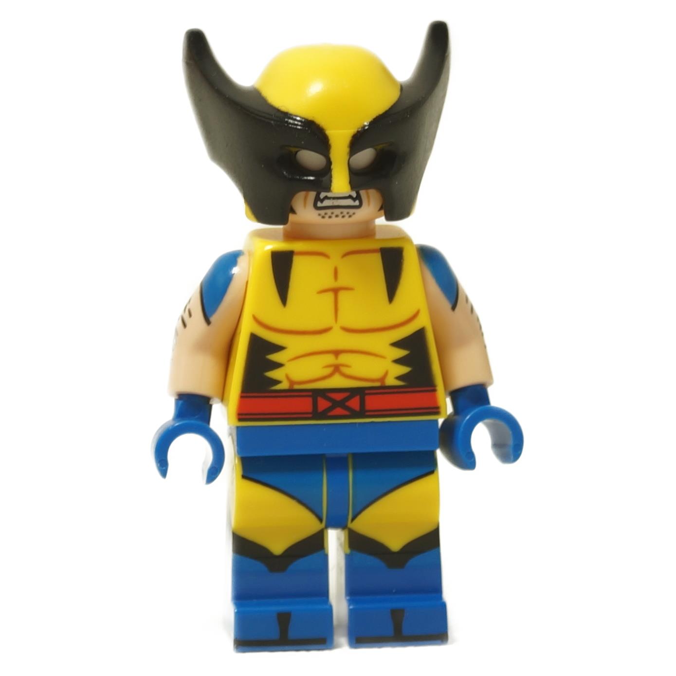 LEGO minifigure of Wolverine from Marvel Studios in a classic yellow and blue suit with a black cowl and pointed ears.