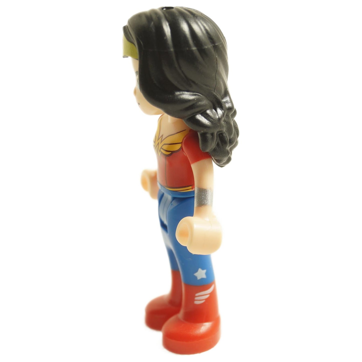 Side view of LEGO Wonder Woman mini-doll shg008 from DC Super Hero Girls with red top, blue legs and gold tiara