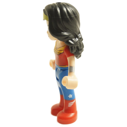 Side view of LEGO Wonder Woman mini-doll shg008 from DC Super Hero Girls with red top, blue legs and gold tiara