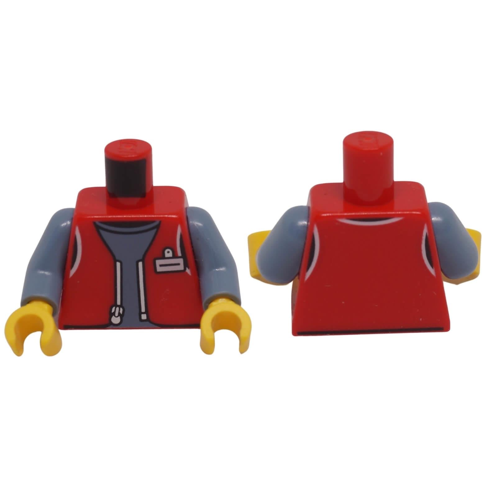 LEGO® torso 973pb5813c01 shown front and back with open work vest, silver zipper, white ID badge, sand blue arms and yellow hands