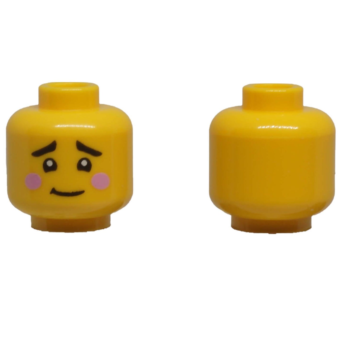 LEGO worried minifigure head 3626pb3806 with pink cheeks and lopsided grin