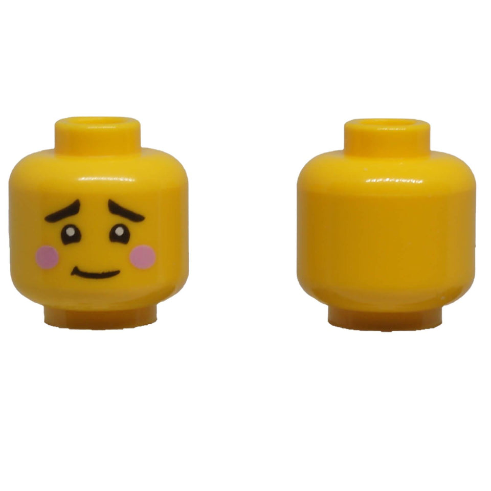 LEGO worried minifigure head 3626pb3806 with pink cheeks and lopsided grin
