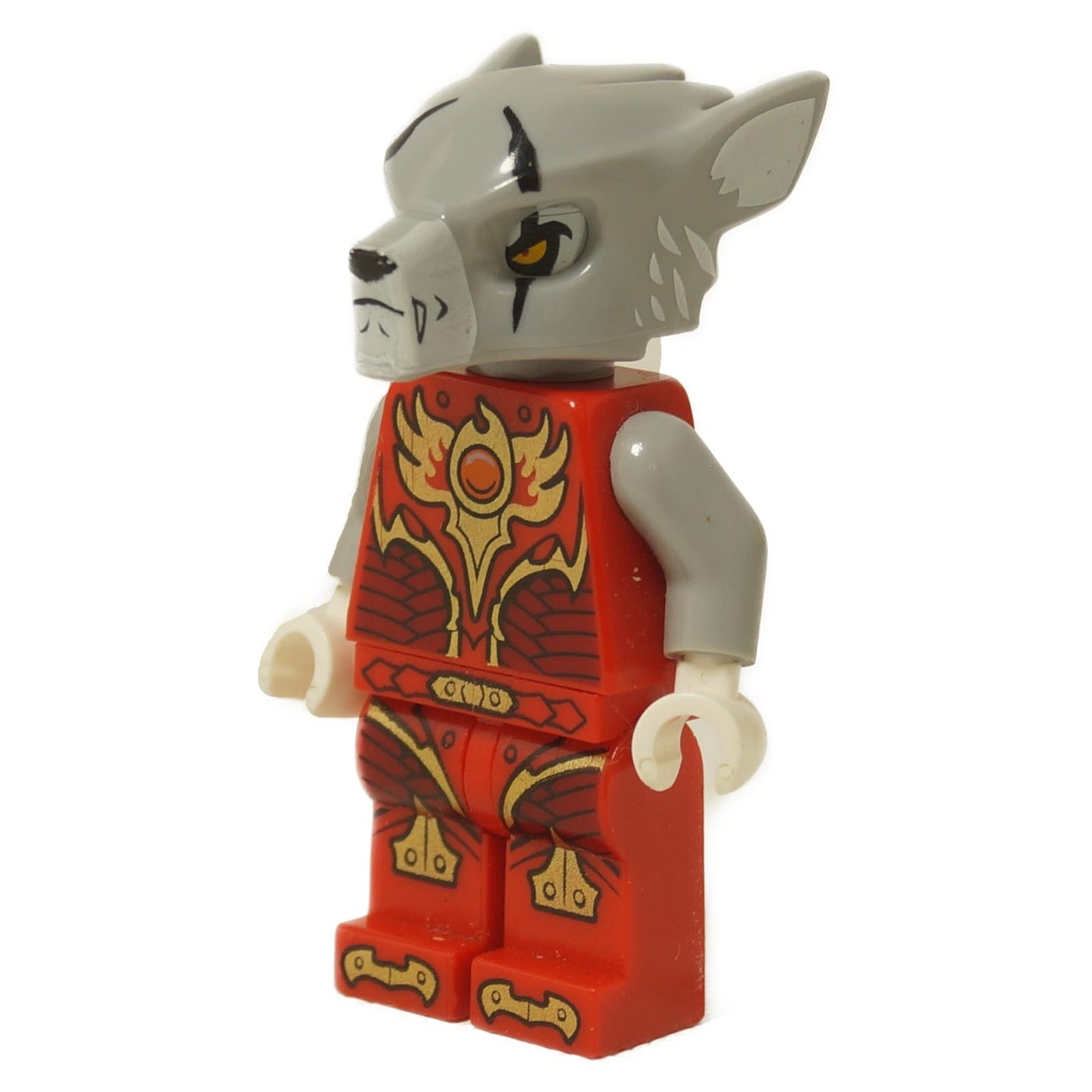  LEGO Legends of Chima Worriz - Fire Chi minifigure (loc100) s šedou vlčí přilbou a detailním červeným a zlatým brněním Fire Chi.
