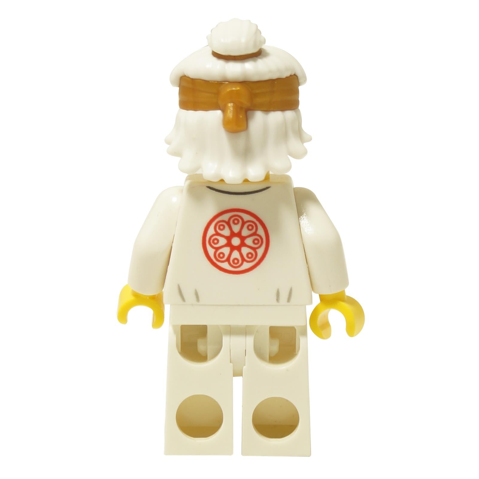 LEGO® Wu Teen Sensei Wu minifigure back view with white training gi and red emblem print close-up
