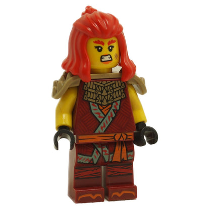 LEGO Wyldfyre minifigure dark red tunic njo0872 front view flame hair armor print