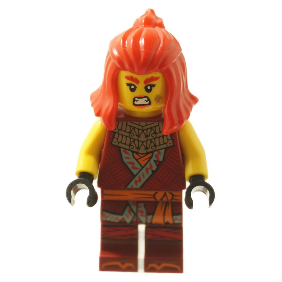 LEGO NINJAGO Wyldfyre minifigure njo923 in dark red tunic with flame accents, from Dragons Rising Season 3 set 71836 Arc Dragon of Focus.