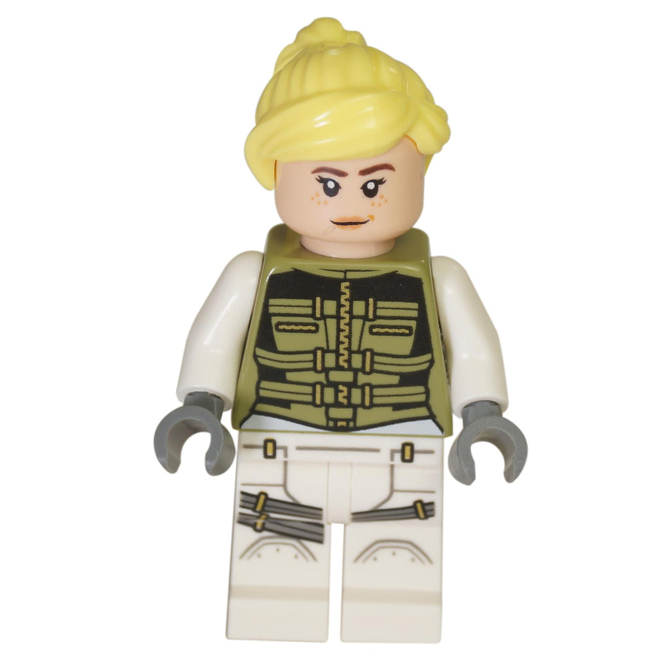 A LEGO® minifigure of Yelena Belova, featuring a light nougat head with freckles and a determined expression, bright light yellow hair in a bun, a white torso with printed olive green tactical vest, white arms, grey hands, and white legs with grey strap printing, standing against a white background.