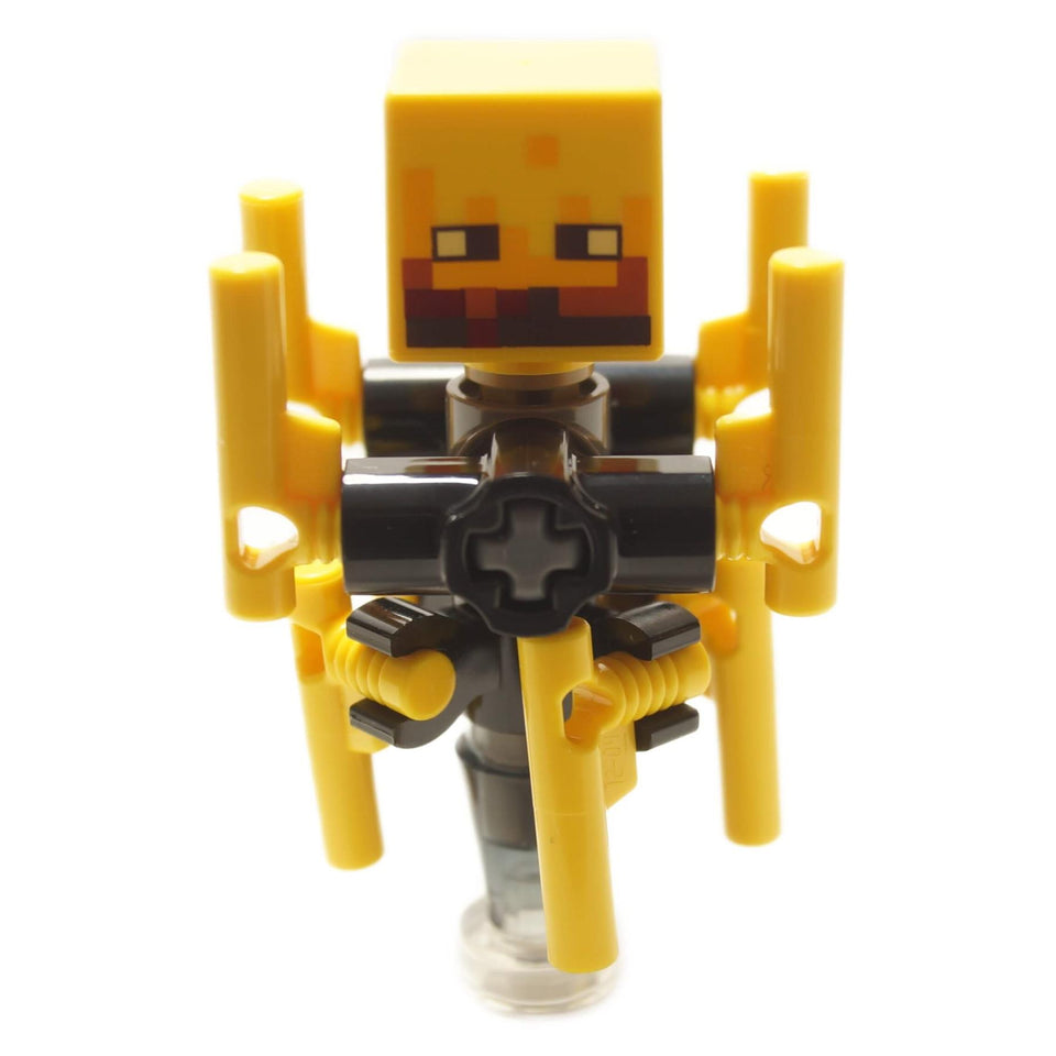 Minifigura LEGO Minecraft Blaze, vista frontal en soporte transparente.