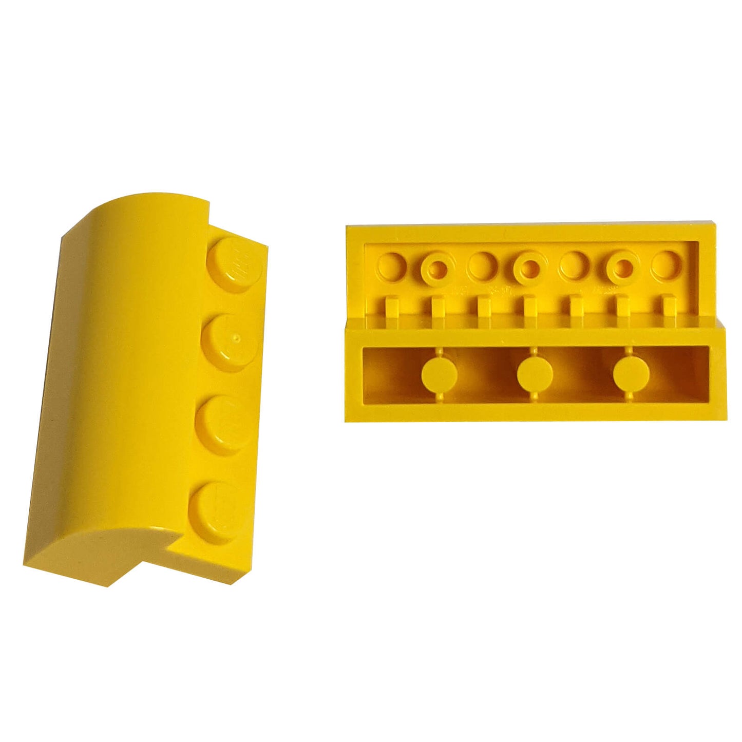 Yellow curved 2x4 slope with recessed studs (6081) for smooth shaping, roofs, and vehicle builds
