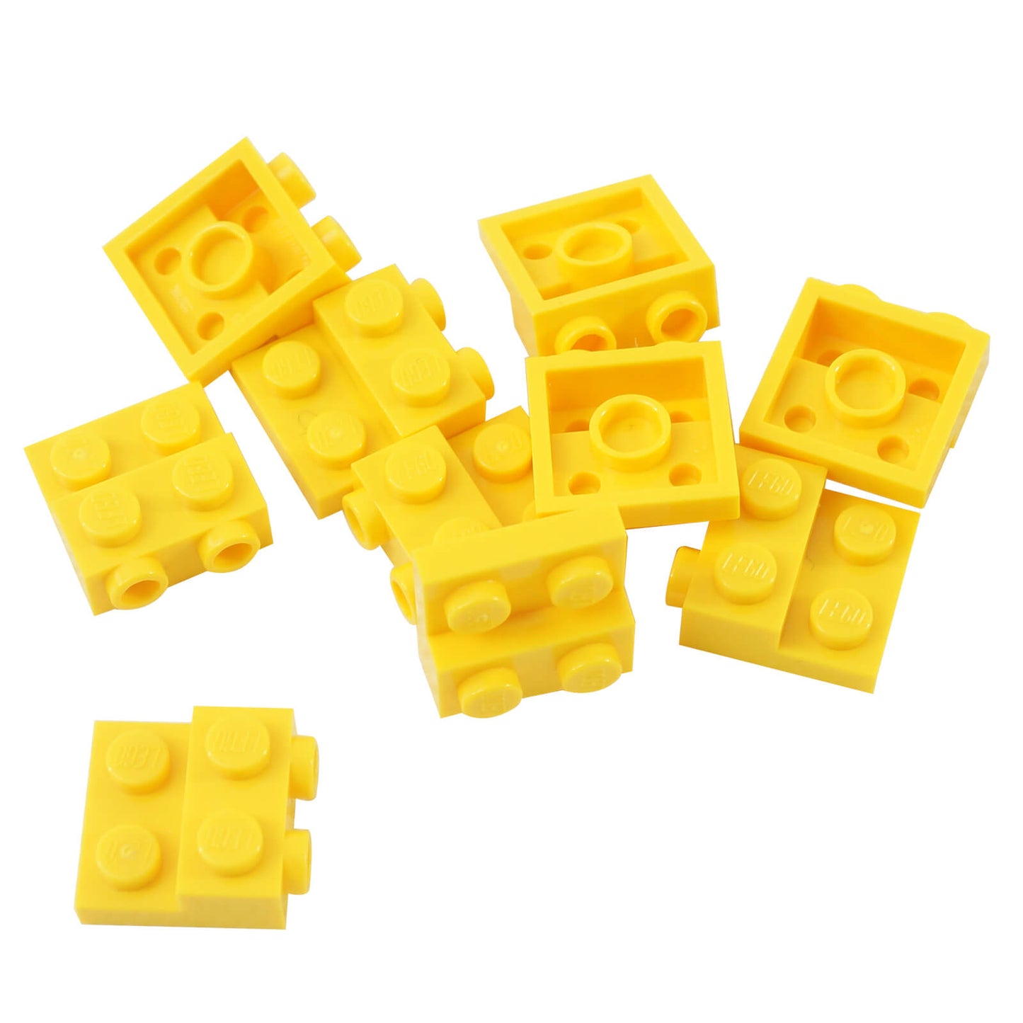 Žlutá LEGO® modifikovaná deska 2 x 2 x 2/3 se dvěma bočními kolíky pro SNOT stavební techniky
