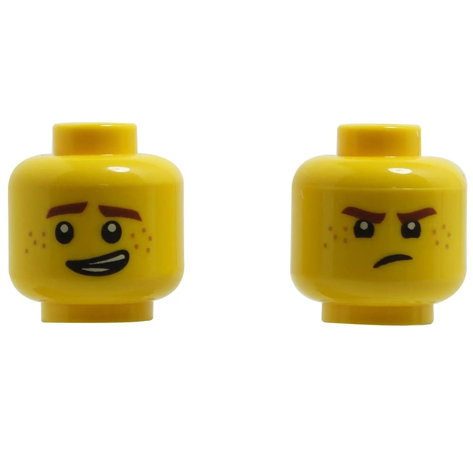 Cabeza de minifigura Amarillo con pecas y expresiones duales, cara sonriente de un lado y expresión enojada del otro
