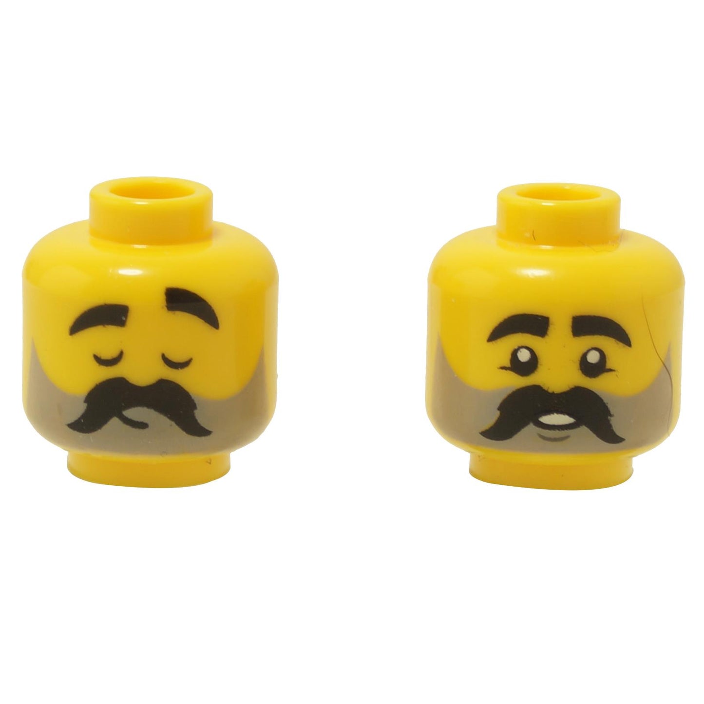 Yellow minifigure head with black moustache and beard, dual-sided with calm closed-eyes face and smiling expression
