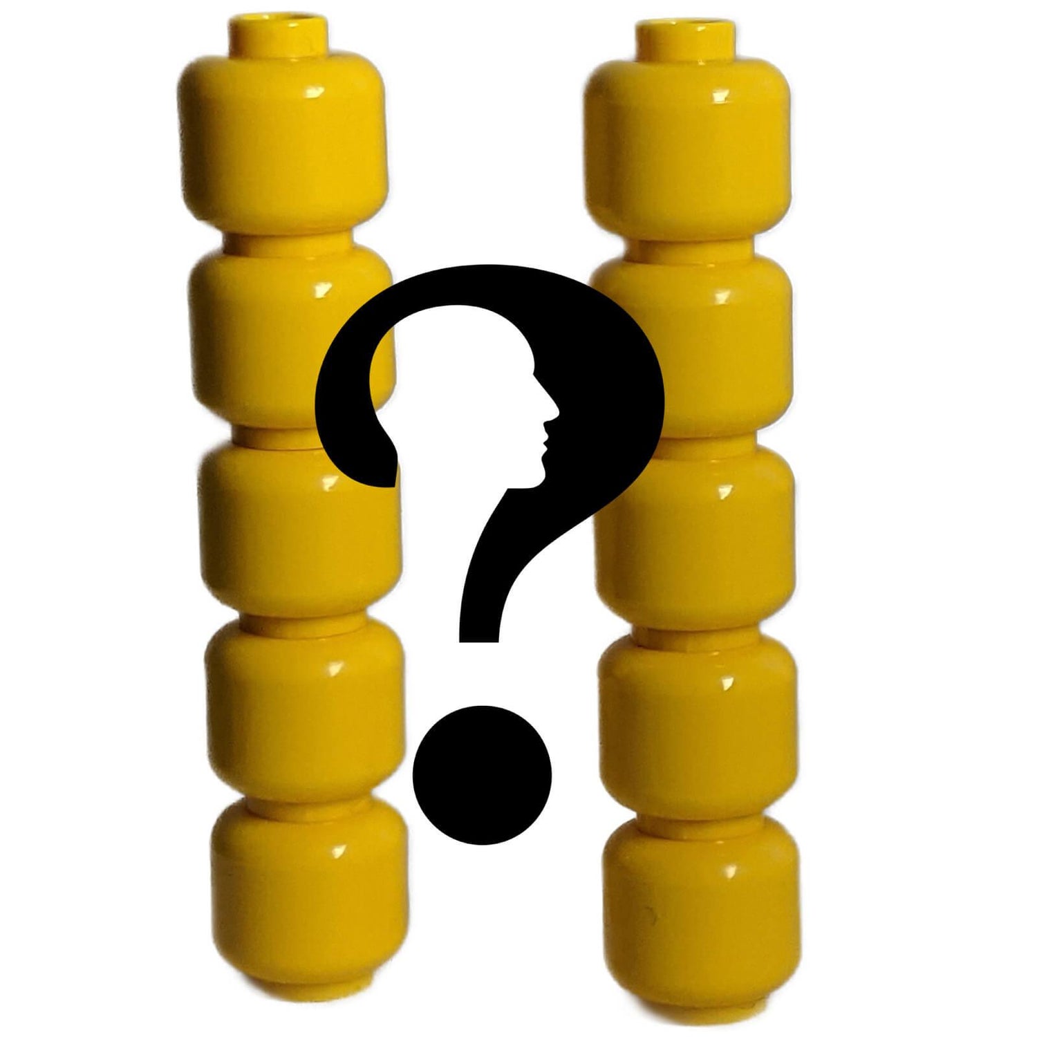Capete de minifigurine LEGO® galbene stivuite cu un overlay de semn de întrebare negru indicând o selecție aleatorie