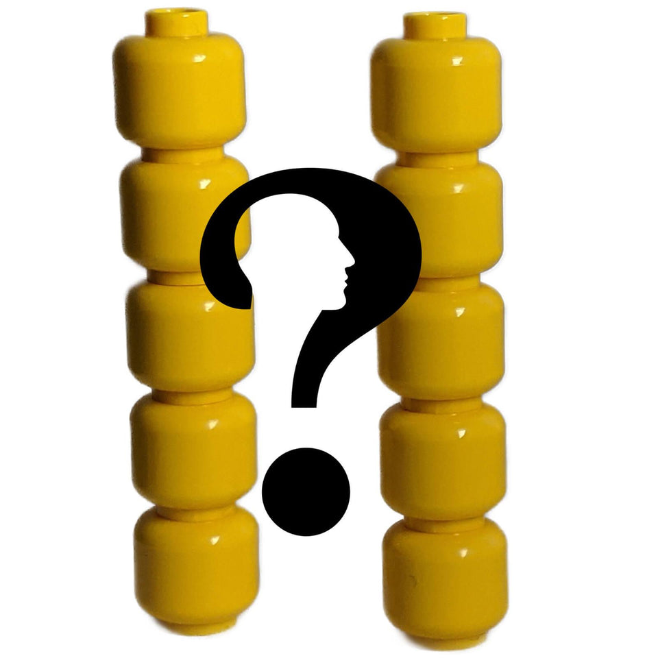 Stacked LEGO® yellow minifigure heads with a black question mark overlay indicating a random selection