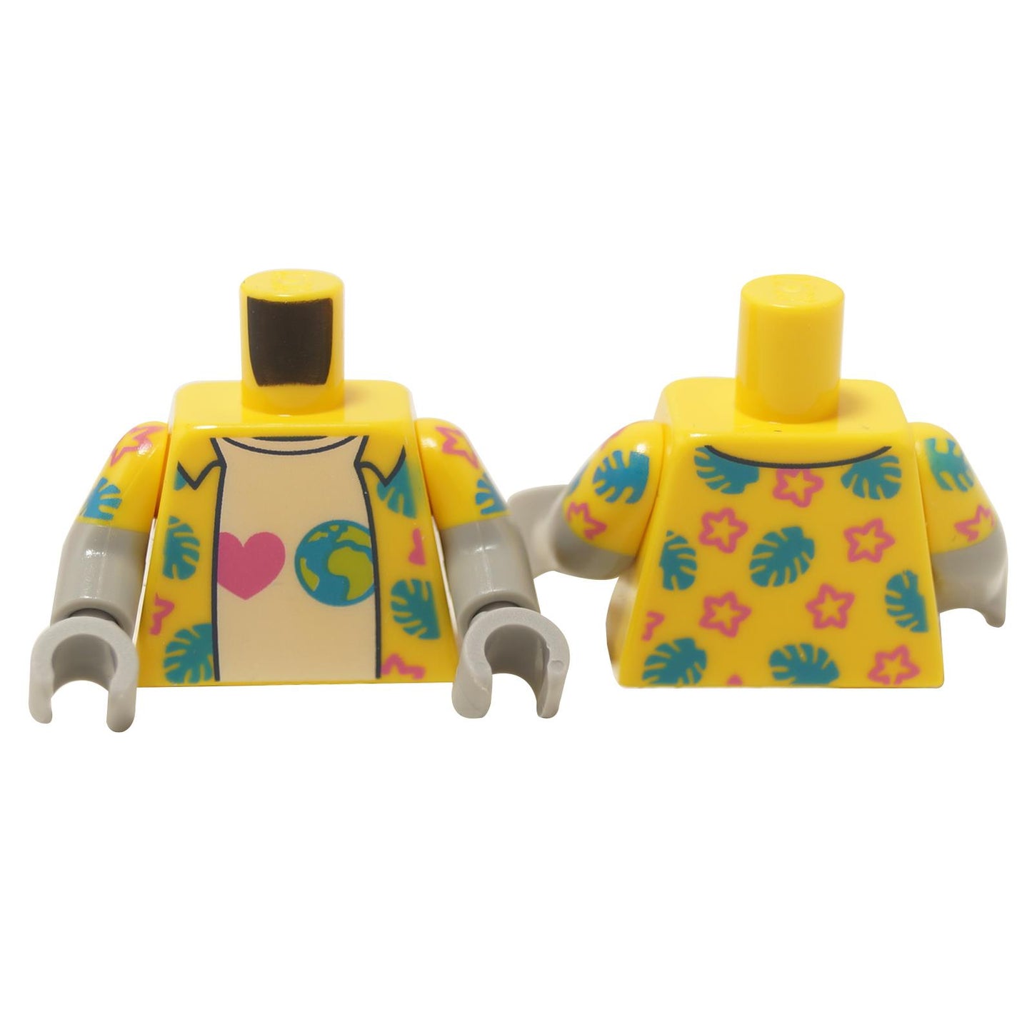 Yellow minifigure torso with Hawaiian shirt print over heart T-shirt, colorful pattern, shown front and back on white
