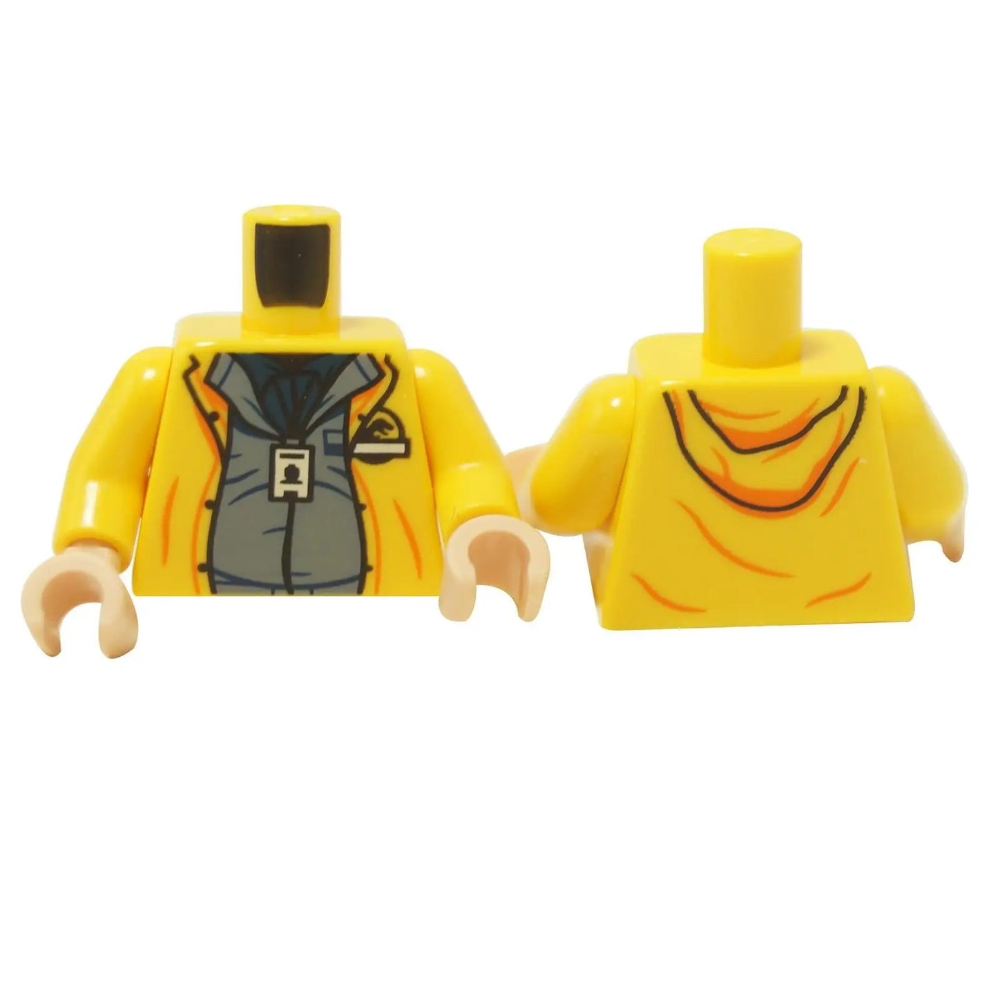 Yellow minifigure torso with hoodie over sand blue shirt, dark blue undershirt, ID badge and Jurassic Park logo print

