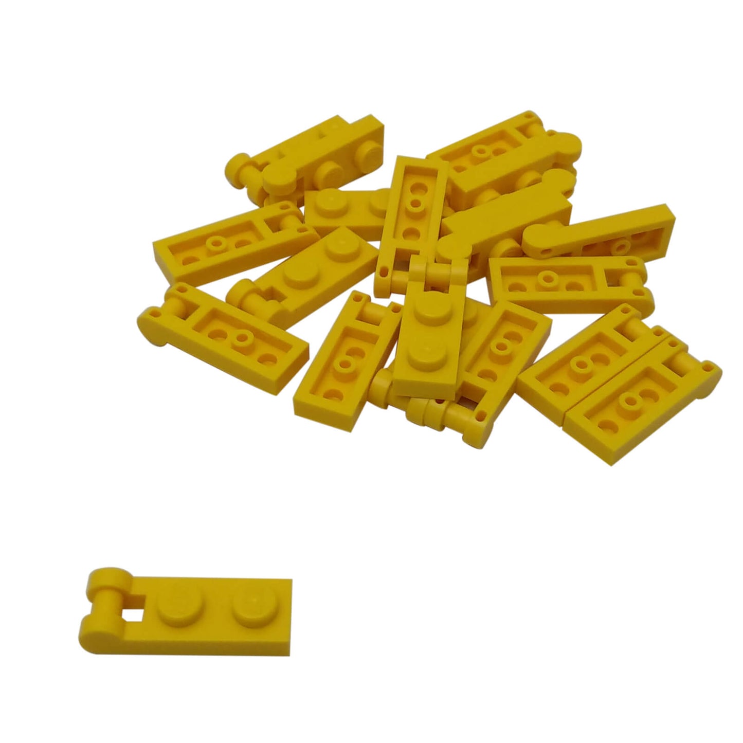 Yellow Plate Modified 1 x 2 with Handle on End and Closed Ends, part 60478, featuring a flat 1x2 plate base with an integrated end handle and smooth closed tips