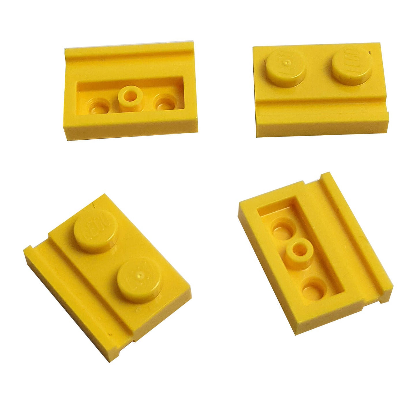 Yellow modified Plate 1 x 2 with door rail for sliding doors, track guides, and compact wall builds
