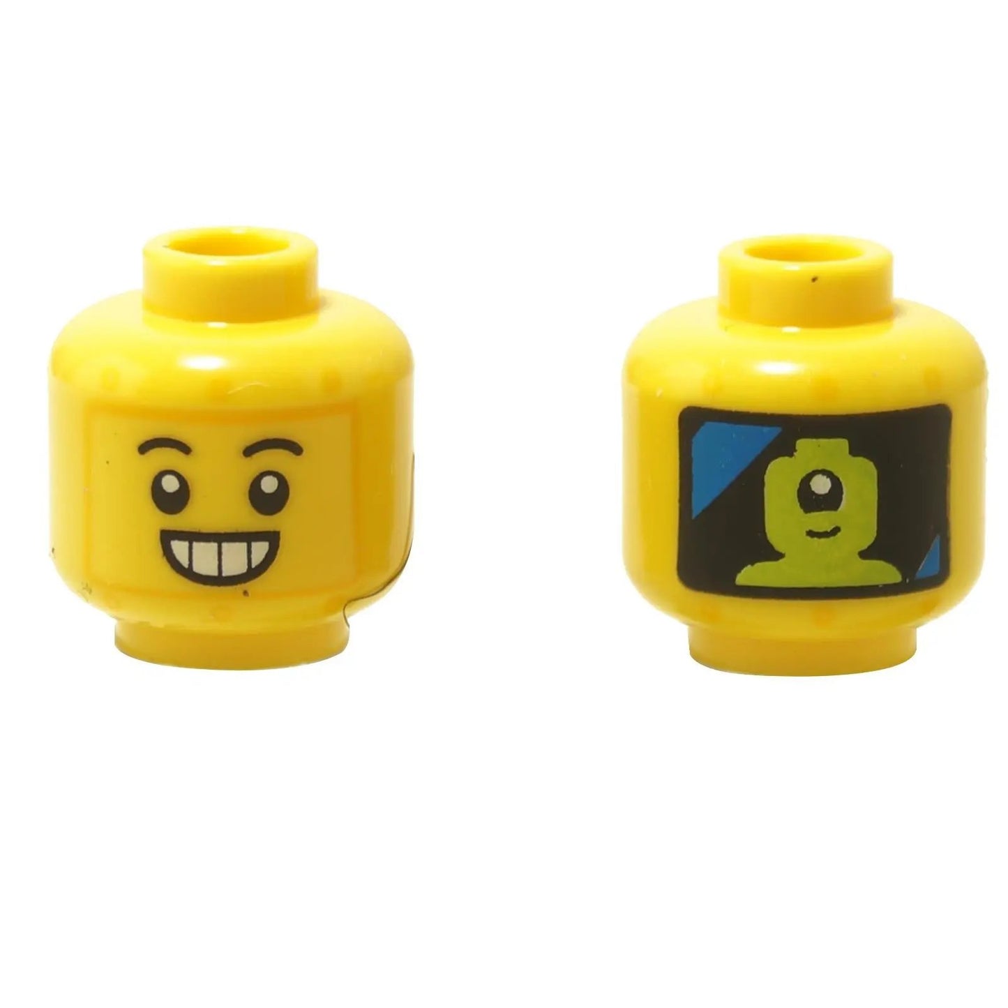 Cabeza de minifigura de robot con cejas negras, sonrisa abierta con dientes y detalles de remaches de color naranja claro brillante, vista frontal y trasera

