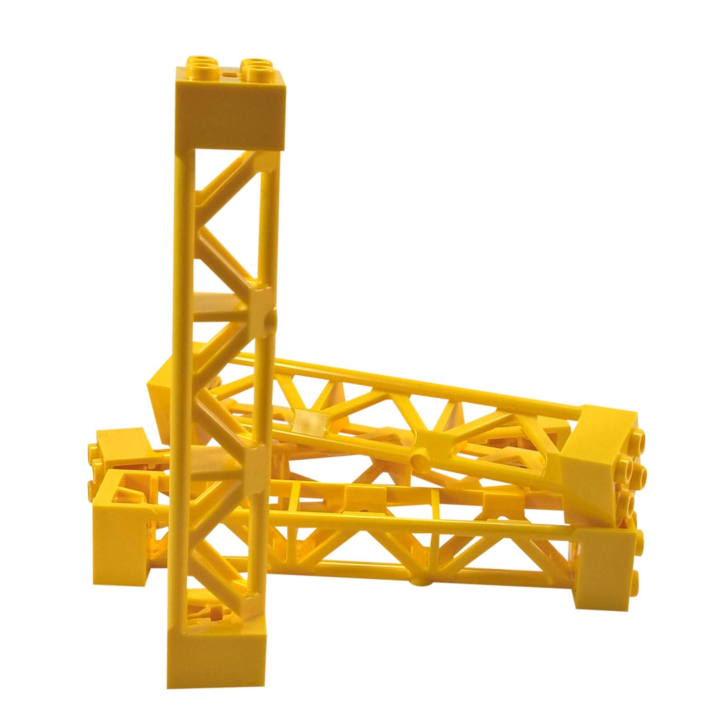 Yellow triangular vertical girder support 2x2x10, lattice frame element for structural builds and scaffolding.
