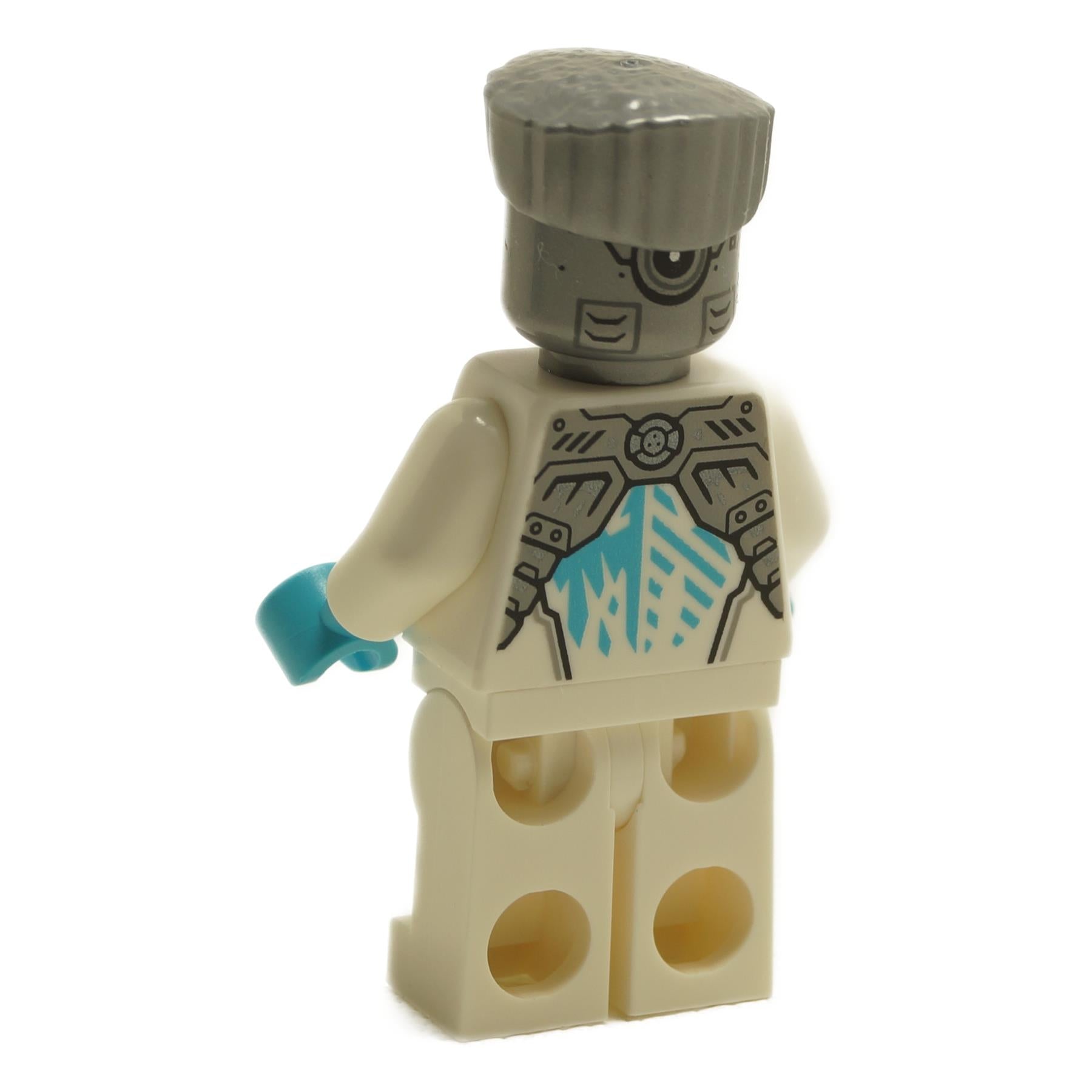 Back view of LEGO® Zane minifigure njo934 from NINJAGO Dragons Rising showing detailed ninja armor back printing and mechanical ice ninja design
