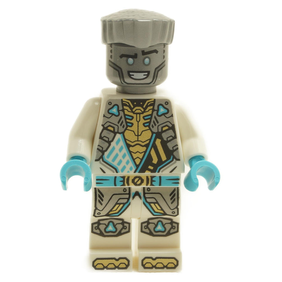 LEGO minifigure of a ninja character with white and gold armor, blue details, and a robot-inspired head with silver face and blue eyes.