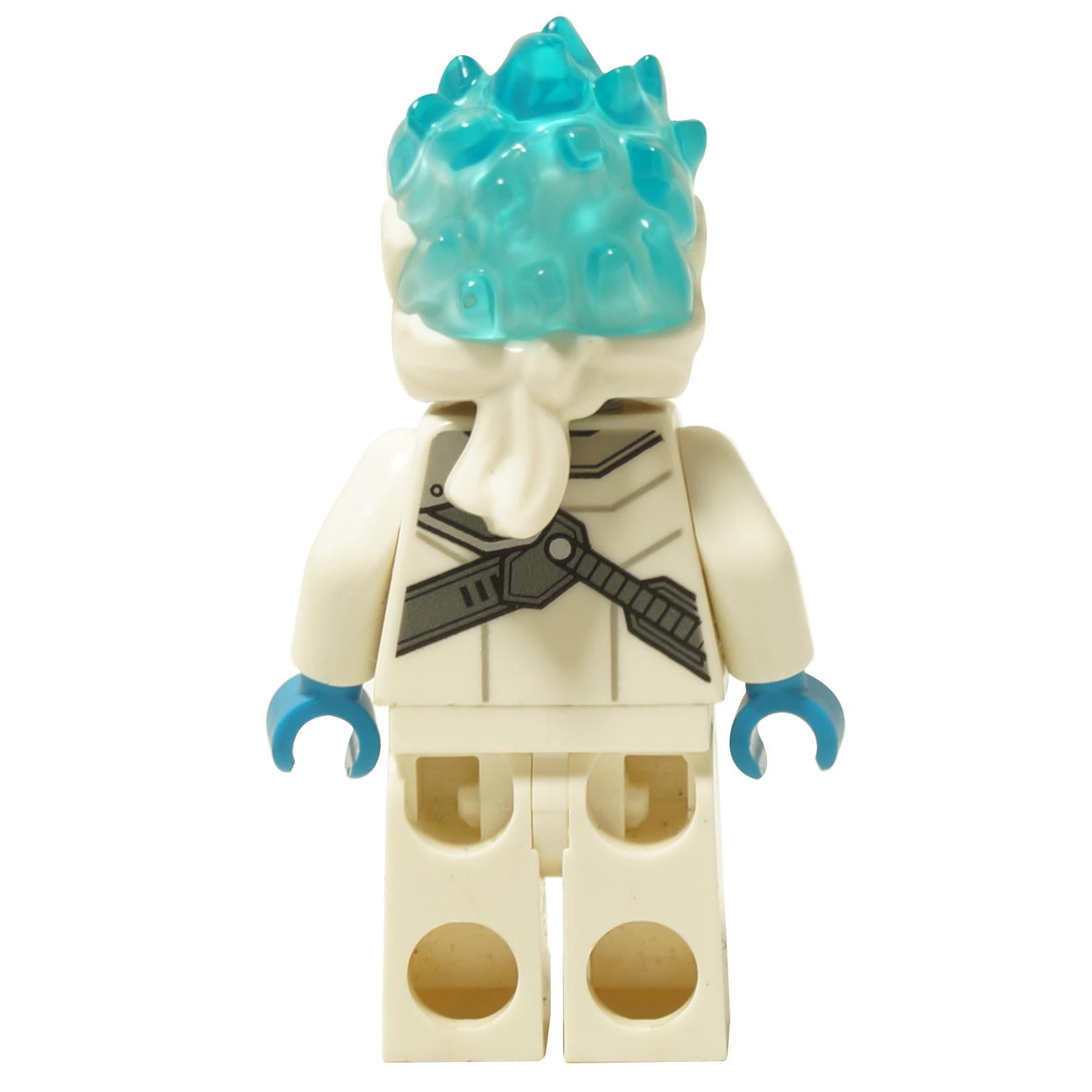 LEGO® Zane FS minifigure njo0545 back view with white ninja outfit and translucent blue flame hair close-up