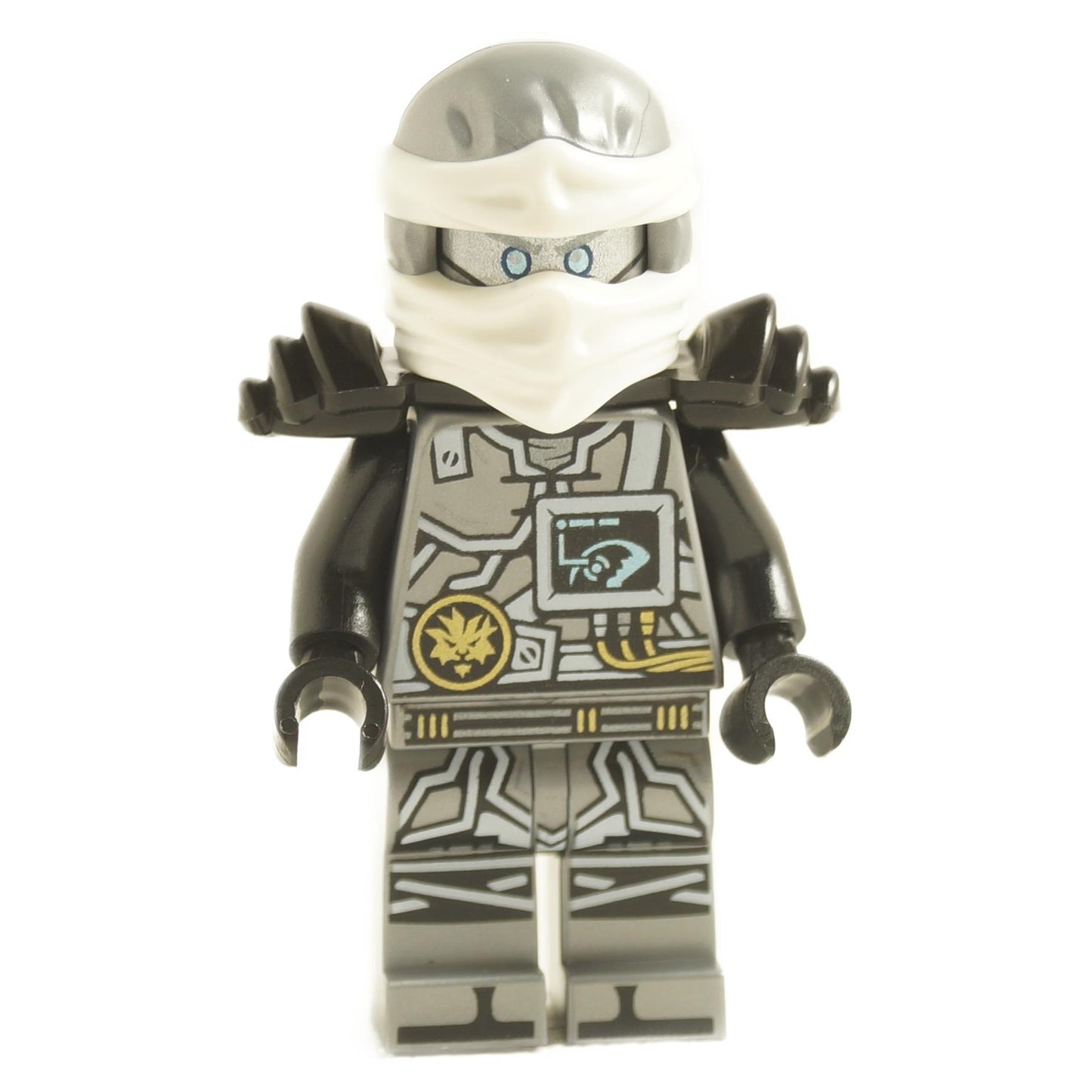 Zane njo0285 minifigure from Hands of Time with black armor, silver techno print and white ninja hood