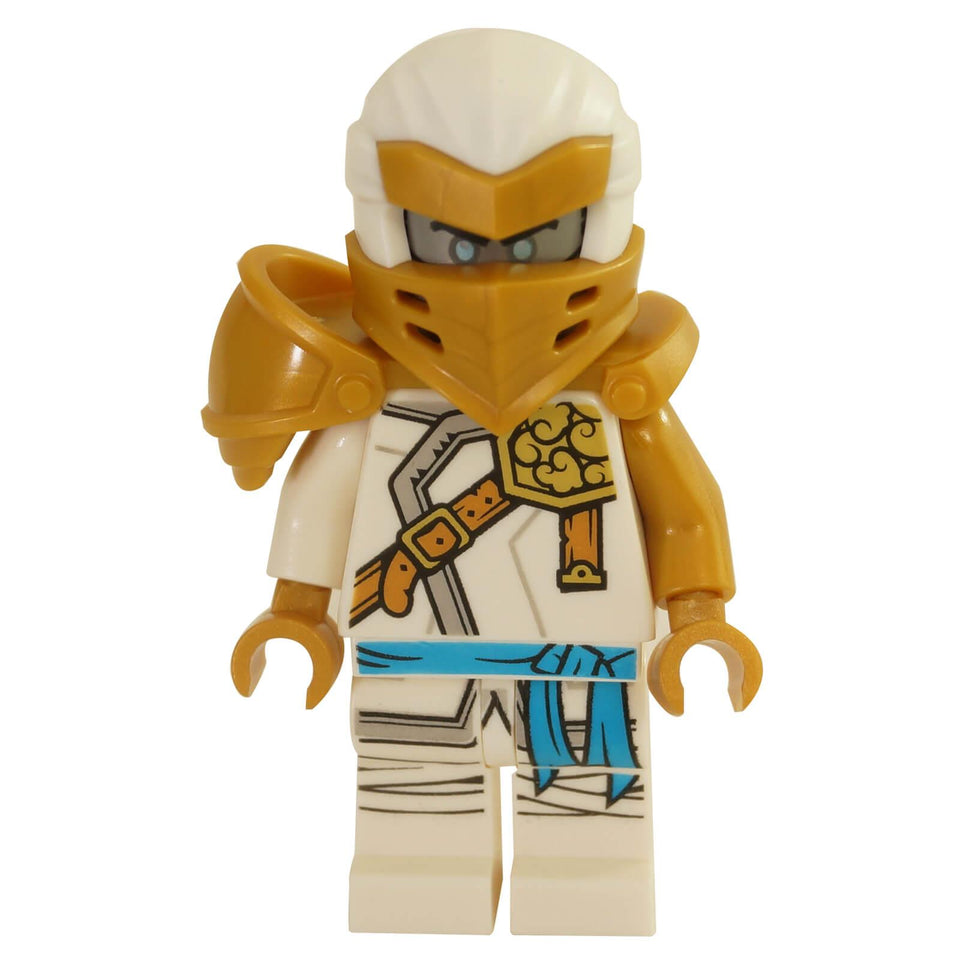 Zane hero minifigure with white suit gold shoulder armor and ninja mask
