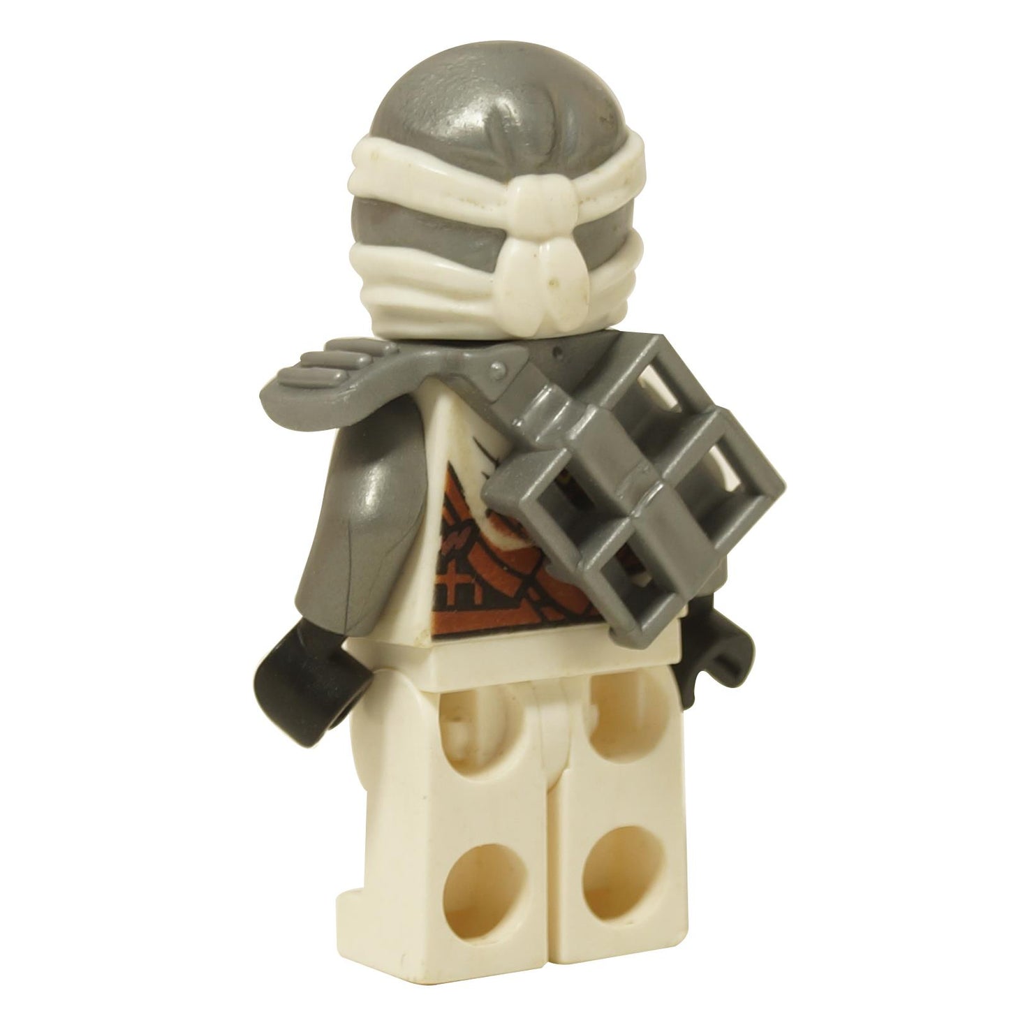 back view of LEGO Ninjago Zane minifigure wearing white honor robe ninja mask and gray shoulder armor with scabbard day of the departed
