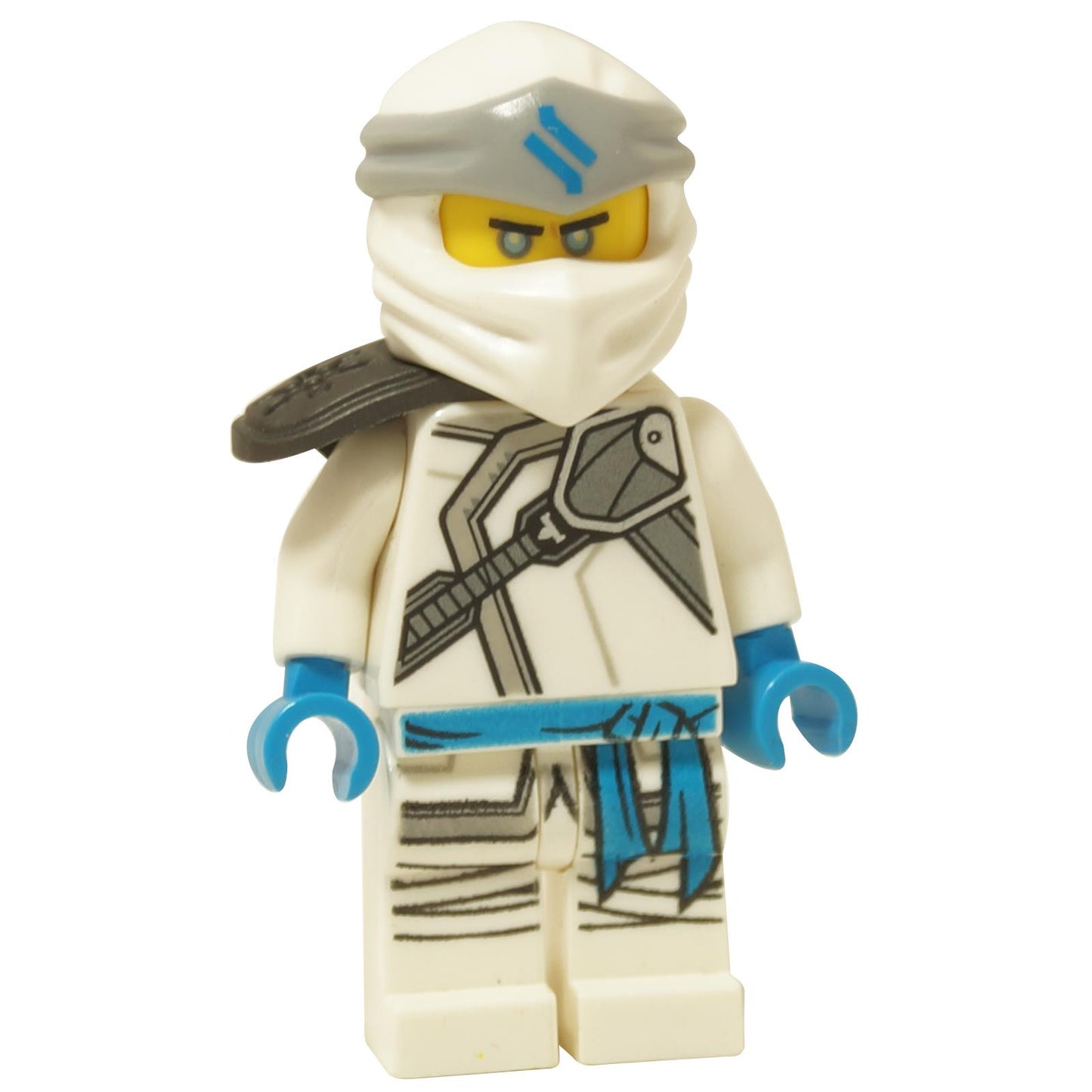LEGO NINJAGO minifigure of Zane, the Ice Ninja, in a white ninja suit with blue accents and ice-themed printing, including a ninja mask.
